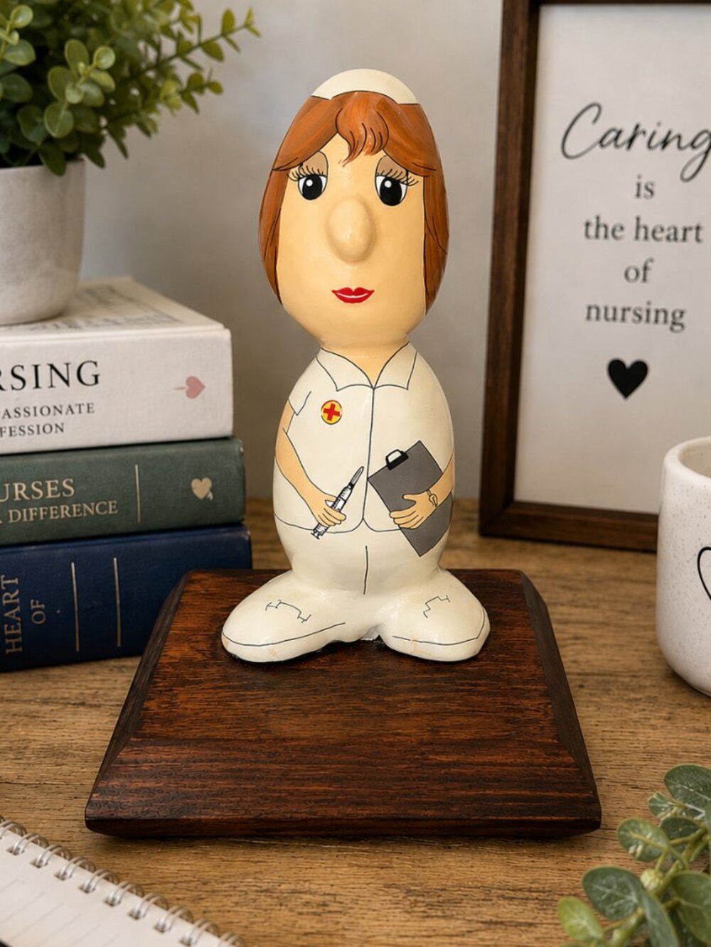 Signed Dated Rockheads Nurse Figurine on Wood Base 5.7" Hand Painted Vintage